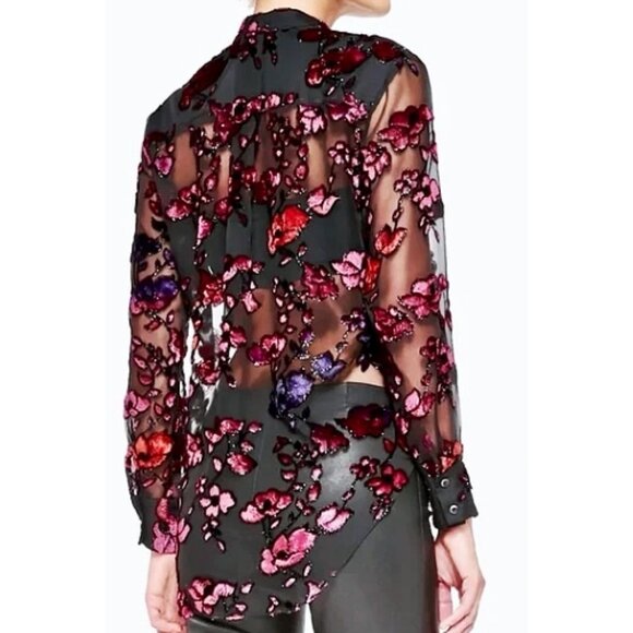 Alice + Olivia Velvet Flocked Sheer Chiffon Designer Blouse XS Black Seen on TV - Picture 8 of 13